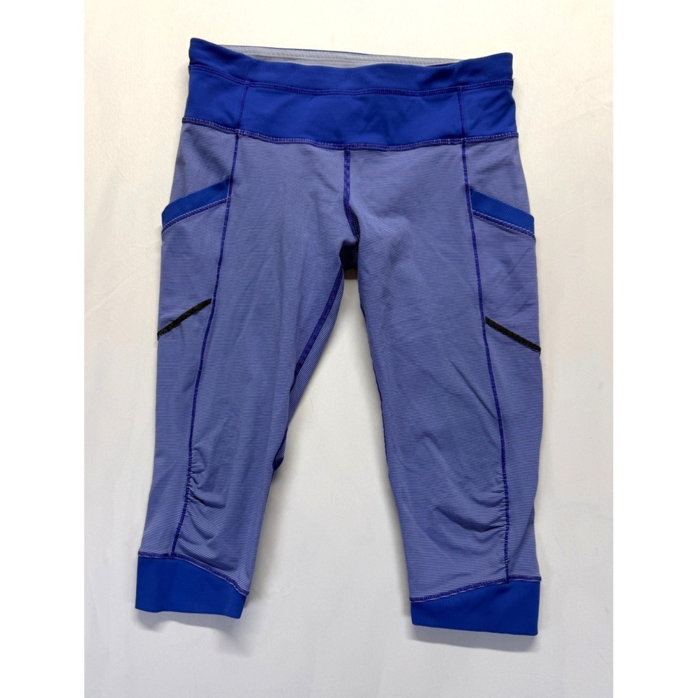 Lululemon Crop Tight Leggings Womens 8 Blue Striped Logo Gym Training Athleisure